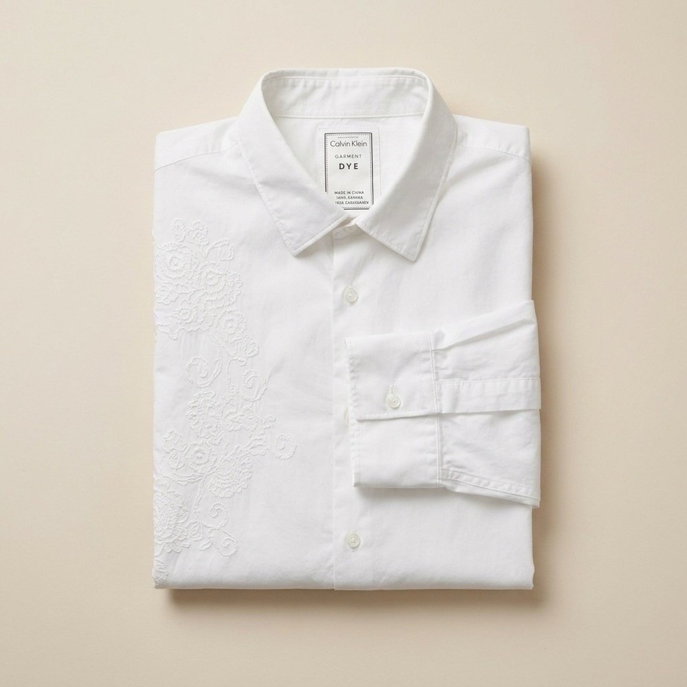 Calvin Klein Men's XL Button-up White Cotton Embroidered High-end Coastal Vibe